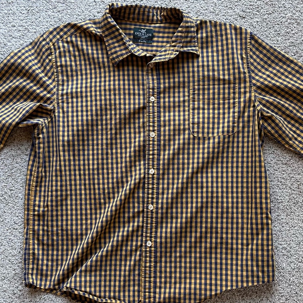 Knox & Lane Men’s Slim Fit Gingham Check Shirt – Navy/Yellow – Size L
